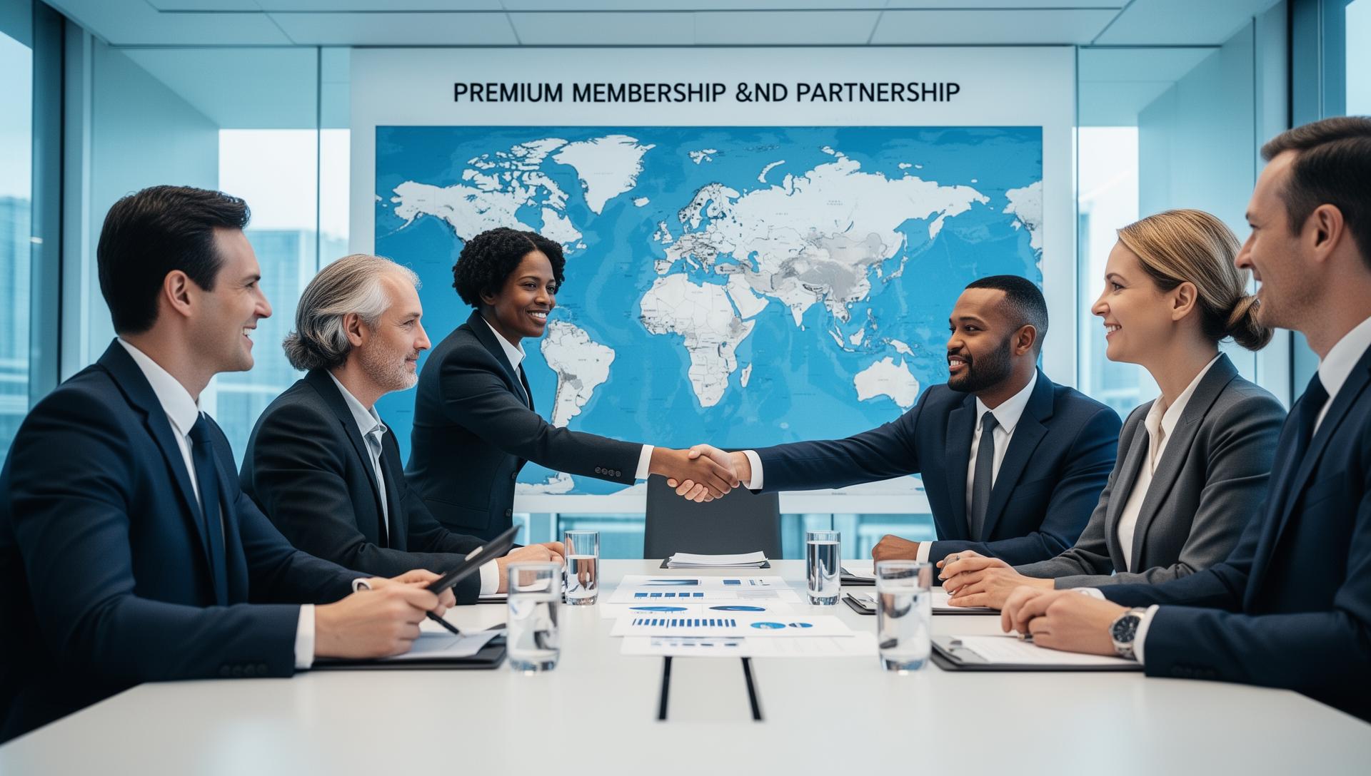 Business professionals discussing global trade membership plans